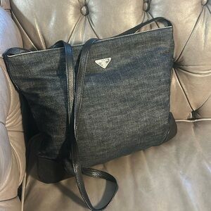 PRADA Unisex Black Denim & Leather Flat Messenger Pouch Crossbody Bag RARE